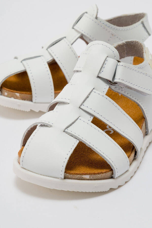 Unisex Kids White Genuine Leather Cork Sole Children's Sandals - 14