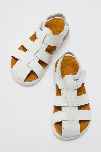 Unisex Kids White Genuine Leather Cork Sole Children's Sandals - 15