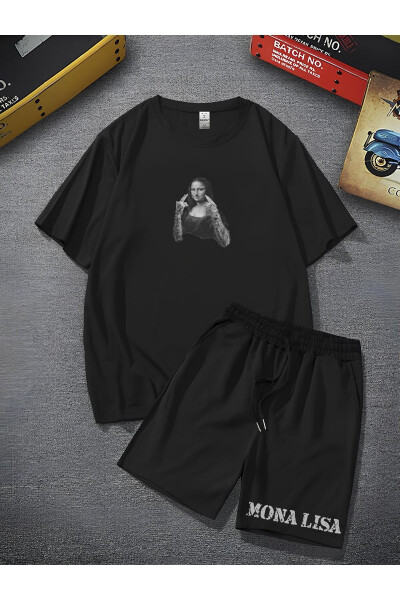 Unisex Mona Lisa Baskılı Oversize Bol Kalıp T-shirt Şortlu - Alt Üst Ikili Takım - 7