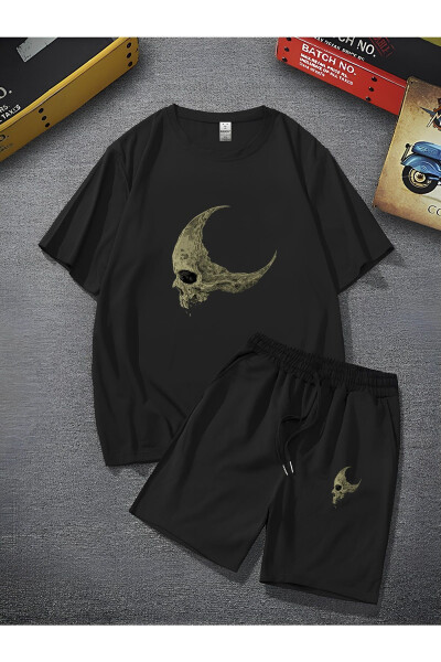 Unisex Moon Skeleton Printed Oversized Loose Fit T-shirt with Shorts - Two-Piece Set - 4