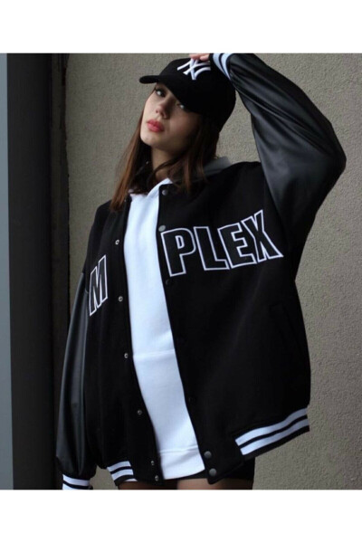 Unisex Oversize Black Complex Sleeve Leather College Jacket - 6