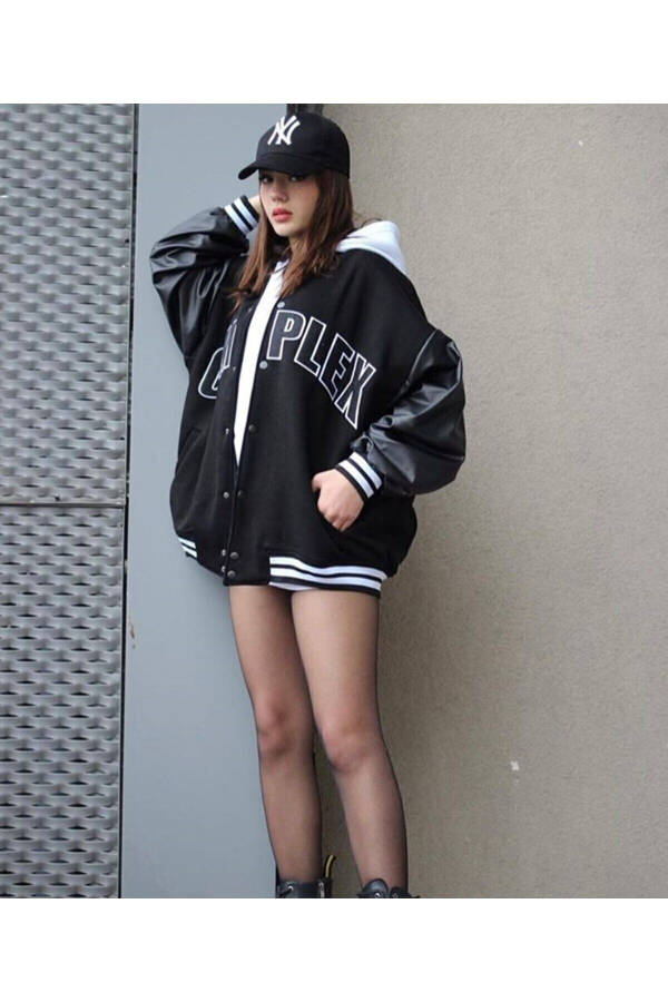 Unisex Oversize Black Complex Sleeve Leather College Jacket - 1