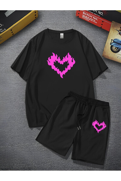 Unisex Pink Heart Printed Oversized Loose Fit T-shirt with Shorts - Two Piece Set - 4