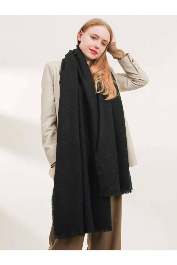 Unisex Plain Thick Soft Black Scarf - 1