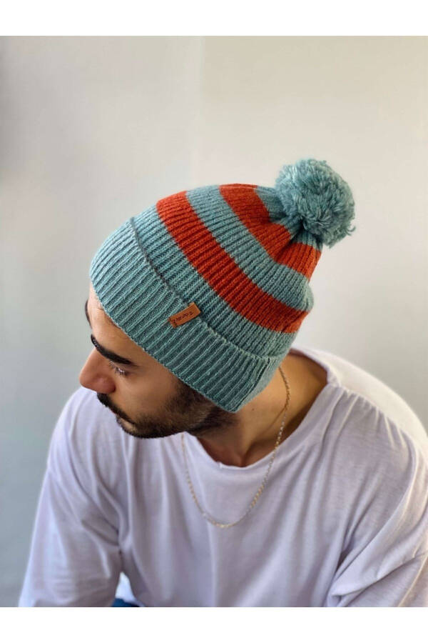 Unisex Striped Beanie with Pompom - 3