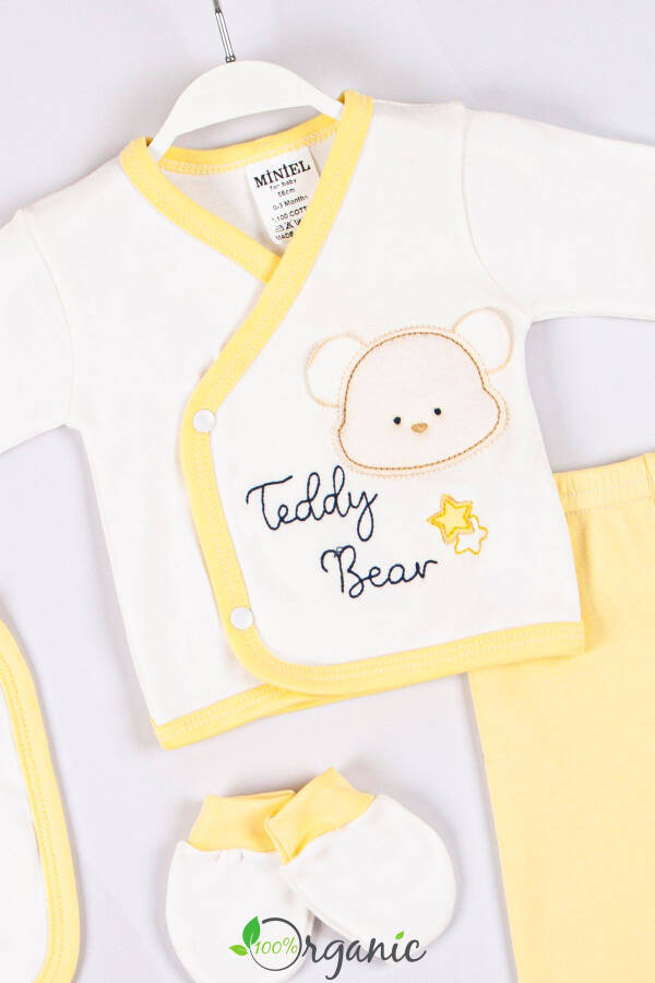 Unisex Teddy Bear Embroidered 5-Piece Organic Newborn Baby Hospital Discharge Set - Yellow - 4