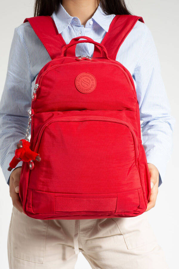 Unisex Water-Resistant Fabric Laptop Compartment 3-Pocket Red School Travel Backpack - 1