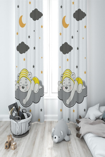 Unisex White Baby Room Bear 2 Wing Blackout Curtain Mkt-085 - 1