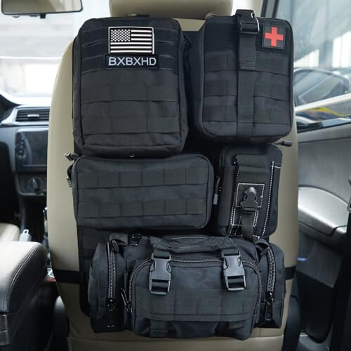 Universal Tactical Car Seat Back Organizer Bag Tactical Molle Vehicle Organizers Panel Vehicle Protector Organizers with 5 Detachable Pouches for Car Truck Ford Jeep Vehicle (Black) - 1