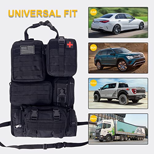 Universal Tactical Car Seat Back Organizer Bag Tactical Molle Vehicle Organizers Panel Vehicle Protector Organizers with 5 Detachable Pouches for Car Truck Ford Jeep Vehicle (Black) - 3