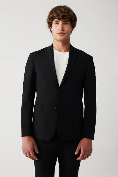 Unlined, double-breasted, black bi-stretch men's jacket. - 6