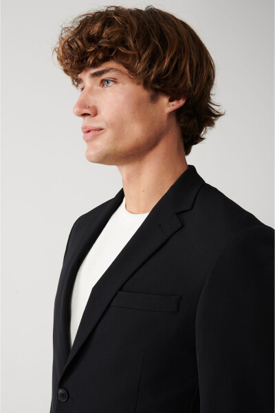 Unlined, double-breasted, black bi-stretch men's jacket. - 7