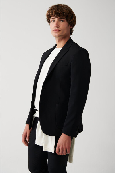 Unlined, double-breasted, black bi-stretch men's jacket. - 8