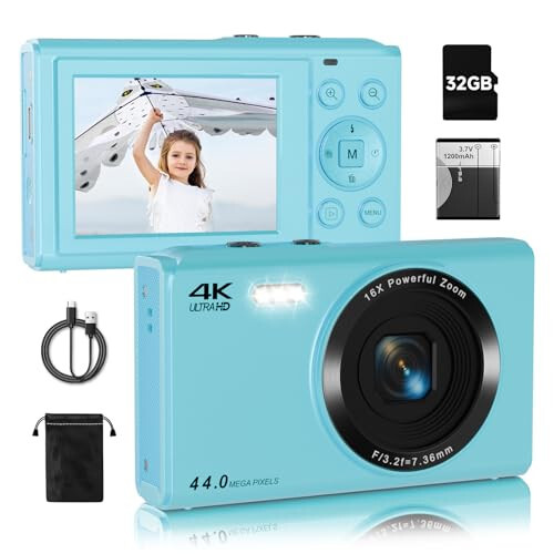 Upgrade Digital Camera, FHD 4K 44MP Autofocus Digital Point and Shoot YouTube Camera with 16X Zoom, 32GB SD Card, Compact Digital Camera Cheap for Teens Boys Girls Kids Blue Camera - 1