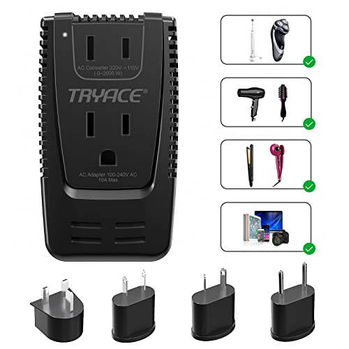 Upgrade TryAce 2000W Voltage Converter, Step Down 220V to 110V Converter for Hair Dryer Straightener Curling Iron, Suitable for Toothbrush Shaver, 10A Power Adapter for Laptop Phone, EU/UK/AU/US Plug - 1