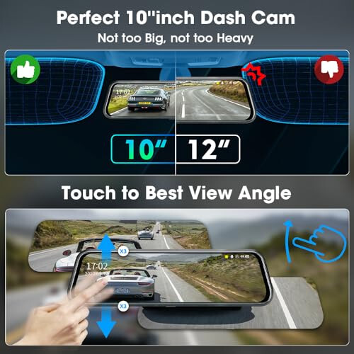 Upgraded 10'' Rear View Mirror Camera Mirror Dash Cam Front and Rear 1080P Backup Camera Full Touch Screen w Loop Recording, G-Sensor Night Vision 170° Wide Angle - 2