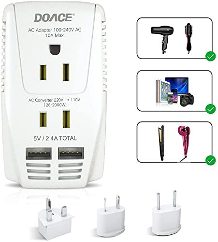 Upgraded DoAce C11 2000W Travel Voltage Converter for Hair Dryer Straightener Curling Iron, Step Down 220V to 110V, 10A Power Adapter with 2 USB and EU/UK/AU/US Plugs for Laptop Camera Cell Phone - 1