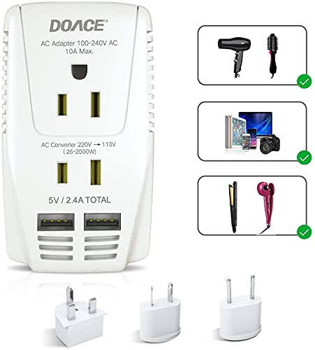 Upgraded DoAce C11 2000W Travel Voltage Converter for Hair Dryer Straightener Curling Iron, Step Down 220V to 110V, 10A Power Adapter with 2 USB and EU/UK/AU/US Plugs for Laptop Camera Cell Phone - 1