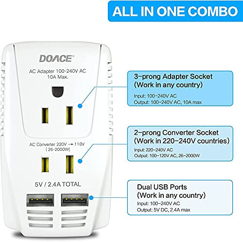 Upgraded DoAce C11 2000W Travel Voltage Converter for Hair Dryer Straightener Curling Iron, Step Down 220V to 110V, 10A Power Adapter with 2 USB and EU/UK/AU/US Plugs for Laptop Camera Cell Phone - 2