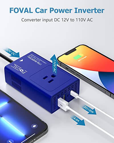 Upgraded FOVAL 175W Power Inverter 12V DC to 110V AC Car Converter Adapter with Plug Outlet with [PD USB-C] Multi USB Ports Car Charger for Laptop Computer - 2