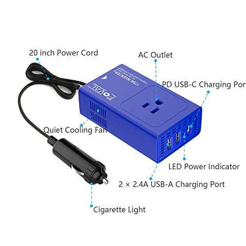 Upgraded FOVAL 175W Power Inverter 12V DC to 110V AC Car Converter Adapter with Plug Outlet with [PD USB-C] Multi USB Ports Car Charger for Laptop Computer - 6