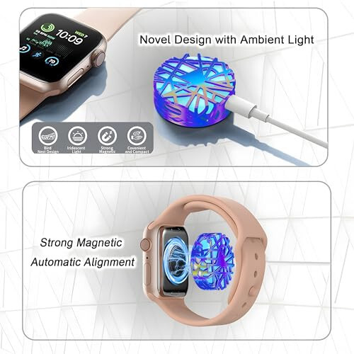 Upgraded Magnetic Watch Charger for Apple Watch, Bird Nest Design with Multi-Color Led, Dual Ports USB C iWatch Apple Watch Portable Charger for Series 9/8/7/Ultra/SE/6/5/4/3/2/1 (Iridescent) - 3