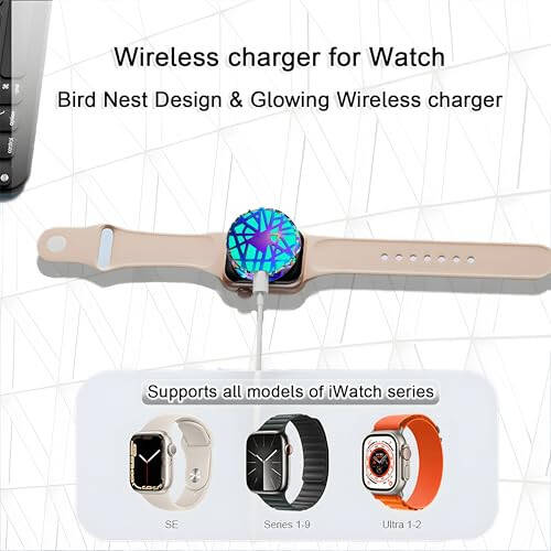 Upgraded Magnetic Watch Charger for Apple Watch, Bird Nest Design with Multi-Color Led, Dual Ports USB C iWatch Apple Watch Portable Charger for Series 9/8/7/Ultra/SE/6/5/4/3/2/1 (Iridescent) - 5