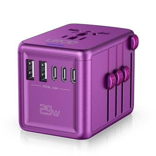 URJD Universal Travel Adapter 5.8A 3X 3.0A USB-C Portlari, 2X 2.4A USB-A Portlari va Multi AC Rozетки, Hammasi Birlashtirilgan Xalqaro Quvvat Shtekker Adaptori Dunyo Bo'ylab Sayohat Zaryadlovchi (Binafsha) - 1