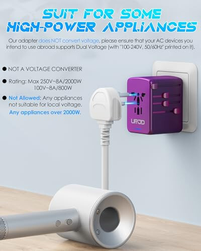 URJD Universal Travel Adapter 5.8A 3X 3.0A USB-C Portlari, 2X 2.4A USB-A Portlari va Multi AC Rozетки, Hammasi Birlashtirilgan Xalqaro Quvvat Shtekker Adaptori Dunyo Bo'ylab Sayohat Zaryadlovchi (Binafsha) - 4