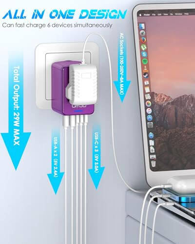 URJD Универсальный дорожный адаптер предлагает 5,8A 3X 3,0A USB-C портов, 2X 2,4A USB-A портов и многофункциональный розетку AC, универсальный международный адаптер вилки для путешествий по всему миру (фиолетовый) - 2