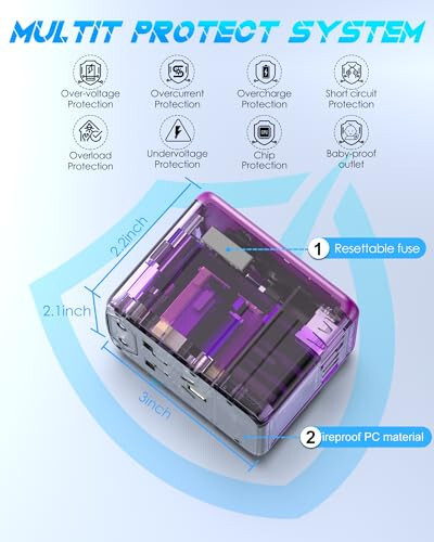 URJD Универсальный дорожный адаптер предлагает 5,8A 3X 3,0A USB-C портов, 2X 2,4A USB-A портов и многофункциональный розетку AC, универсальный международный адаптер вилки для путешествий по всему миру (фиолетовый) - 5