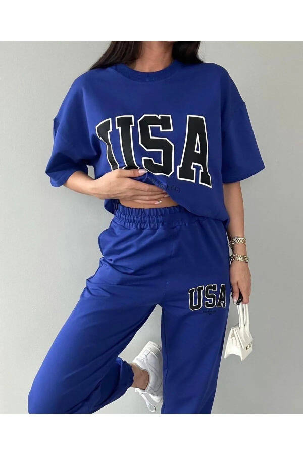 USA T-shirt Jogger Pants - Blue Printed Top and Bottom Tracksuit Oversize Bicycle Collar - 4