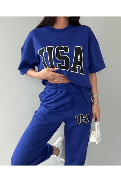 USA T-shirt Jogger Pants - Blue Printed Top and Bottom Tracksuit Oversize Bicycle Collar - 5