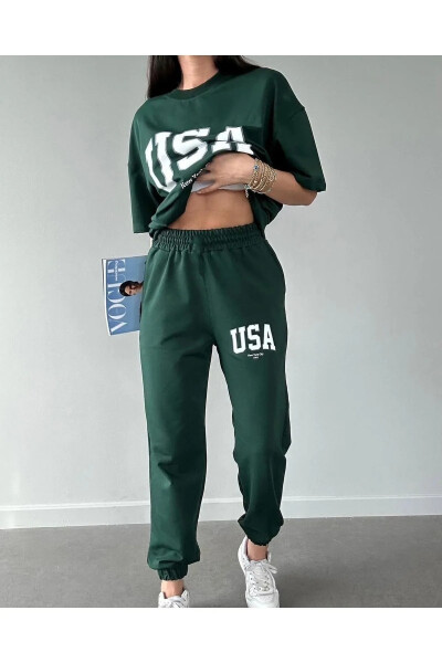 Usa T-shirt Jogger Pants - Green Printed Top and Bottom Tracksuit Oversize Bicycle Neck - 6