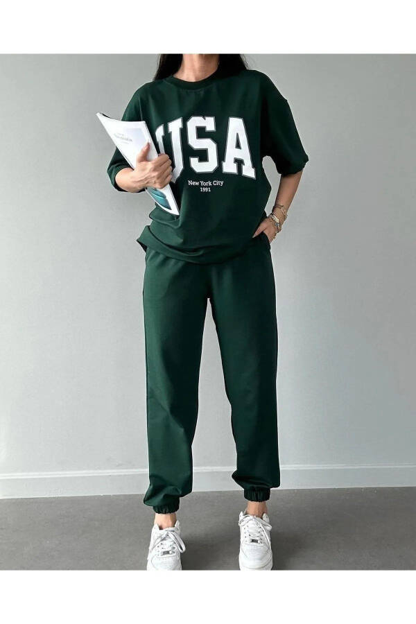 Usa T-shirt Jogger Pants - Green Printed Top and Bottom Tracksuit Oversize Bicycle Neck - 1