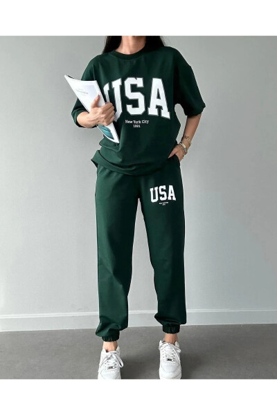 Usa T-shirt Jogger shimlari - Yashil bosma tepalik va pastki sport kiyimi Oversize Velosiped Yoqasi - 4