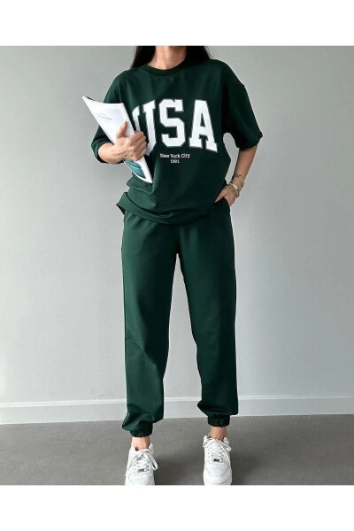 Usa T-shirt Jogger shimlari - Yashil bosma tepalik va pastki sport kiyimi Oversize Velosiped Yoqasi - 1