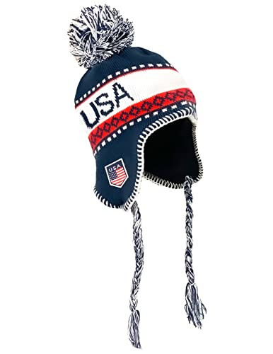 USA Winter Hat, Knit Beanie Snow Winter Hat Ski Cap with Pom, USA Peruvian Hat with Ear Flaps and Fleece Lining - 1