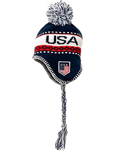 USA Winter Hat, Knit Beanie Snow Winter Hat Ski Cap with Pom, USA Peruvian Hat with Ear Flaps and Fleece Lining - 3