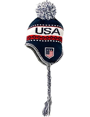 USA Winter Hat, Knit Beanie Snow Winter Hat Ski Cap with Pom, USA Peruvian Hat with Ear Flaps and Fleece Lining - 3