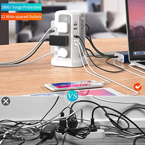 USB-C Bağlantılı (PD18W), 10FT Uzatma Kablosu ile 12 AC Priz ve 5 USB Şarj Portlu, Kule Tipi Akım Koruyucu, PASSUS Güç Kulesi Akım Koruma Sistemi Ev, Ofis ve Yurt Odası İçin - 3