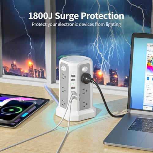 USB-C Bağlantılı (PD18W), 10FT Uzatma Kablosu ile 12 AC Priz ve 5 USB Şarj Portlu, Kule Tipi Akım Koruyucu, PASSUS Güç Kulesi Akım Koruma Sistemi Ev, Ofis ve Yurt Odası İçin - 4