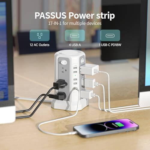 USB-C Bağlantılı (PD18W), 10FT Uzatma Kablosu ile 12 AC Priz ve 5 USB Şarj Portlu, Kule Tipi Akım Koruyucu, PASSUS Güç Kulesi Akım Koruma Sistemi Ev, Ofis ve Yurt Odası İçin - 6