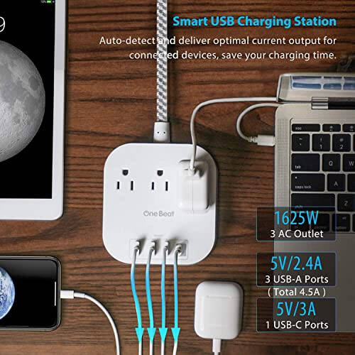 USB-C Bağlantılı Priz, 3 Çıkışlı 4 USB Portlu (22.5W/4.5A) Masaüstü Şarj İstasyonu, Düz Fiş, 5ft Örgülü Uzatma Kablosu, Seyahat, Yolcu Gemisi İçin Dalgalanma Koruyucusuz, ETL Onaylı - 2