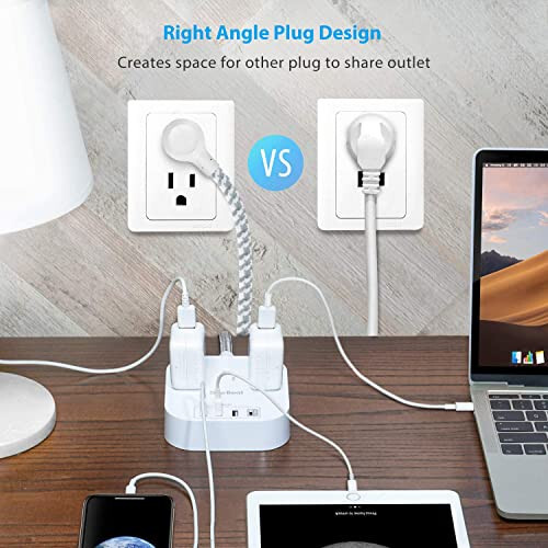 USB-C Bağlantılı Priz, 3 Çıkışlı 4 USB Portlu (22.5W/4.5A) Masaüstü Şarj İstasyonu, Düz Fiş, 5ft Örgülü Uzatma Kablosu, Seyahat, Yolcu Gemisi İçin Dalgalanma Koruyucusuz, ETL Onaylı - 5