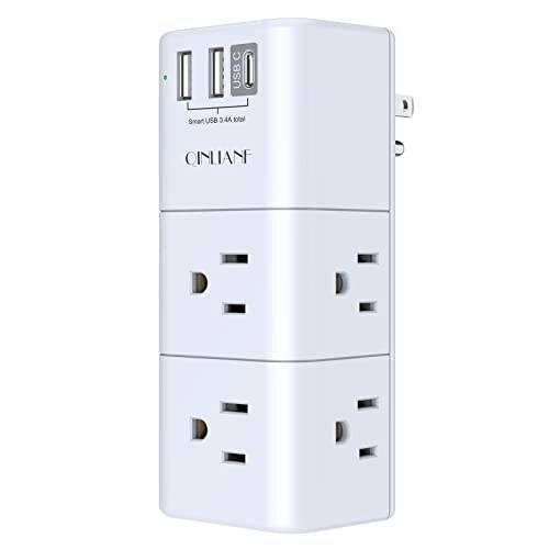 USB Outlet Extender Surge Protector - QINLIANF Multi Plug Outlet with Rotating Plug, 3-Sided Swivel Power Strip with 6 AC Spaced Outlet Splitter and 3 USB Ports (1 USB C) for Travel, Home, Office, ETL - 1