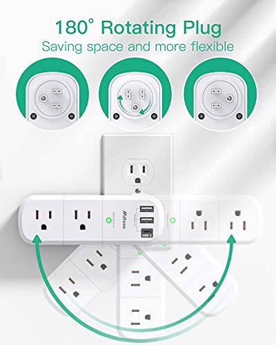 USB Outlet Extender Surge Protector - with Rotating Plug, 6 AC Multi Plug and 3 USB Ports (1 C), 1800 Joules, 3-Sided Swivel Power Strip Spaced Splitter for Home, Office, Travel - 2