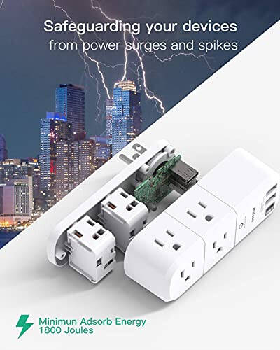 USB Outlet Extender Surge Protector - with Rotating Plug, 6 AC Multi Plug and 3 USB Ports (1 C), 1800 Joules, 3-Sided Swivel Power Strip Spaced Splitter for Home, Office, Travel - 10