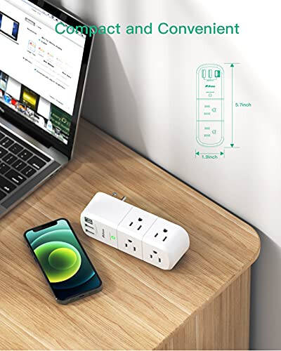 USB Outlet Extender Surge Protector - with Rotating Plug, 6 AC Multi Plug and 3 USB Ports (1 C), 1800 Joules, 3-Sided Swivel Power Strip Spaced Splitter for Home, Office, Travel - 12