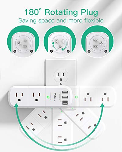 USB Outlet Extender Surge Protector - with Rotating Plug, 6 AC Multi Plug and 3 USB Ports (1 C), 1800 Joules, 3-Sided Swivel Power Strip Spaced Splitter for Home, Office, Travel - 7